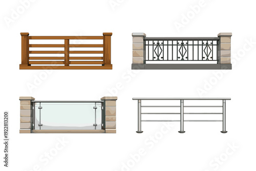 A collection of four different railing designs including wooden slats, decorative metal with stone pillars, a glass panel system, and a modern stainless steel horizontal bar fence.