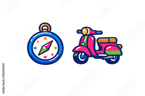 A colorful illustration featuring a blue compass and a pink motor scooter on a black background. The artwork uses a vibrant flat design style with bold outlines and bright colors.