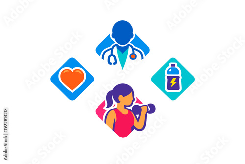 A set of four colorful diamond-shaped icons representing health and fitness, including a doctor, a heart, an energy drink bottle, and a woman lifting a dumbbell on a black background.