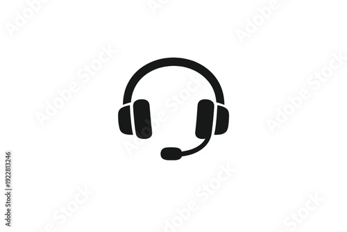 A minimalist black silhouette of a professional headset with an integrated microphone is positioned in the center of a solid black background, symbolizing communication and support.
