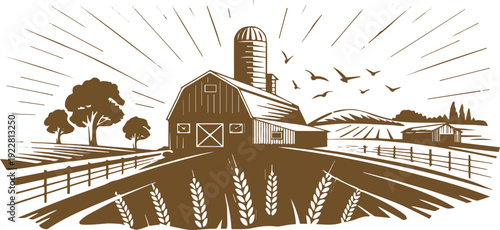 farm sunrise scene with barn silo trees and wheat vector