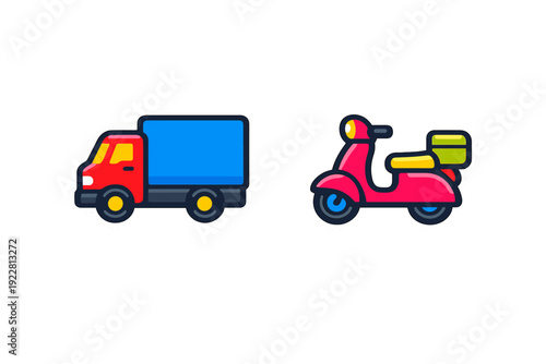 A colorful illustration featuring a red delivery truck with a blue cargo box and a pink motor scooter with a green delivery box, both designed as stickers on a black background.