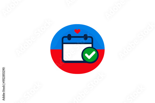 A circular icon featuring a blue and red background with a black calendar symbol. A small red heart sits above the calendar, and a green checkmark icon is placed in the corner.