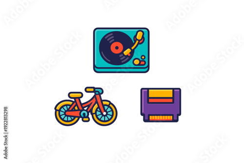 A collection of three colorful flat icons featuring a vintage record player with a vinyl disc, a red bicycle, and a purple video game cartridge on a black background.
