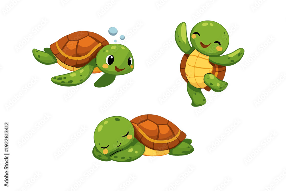 Obraz premium Three cute cartoon turtles are shown in different poses against a black background. One turtle is swimming with bubbles, another is dancing happily, and the third is sleeping peacefully.