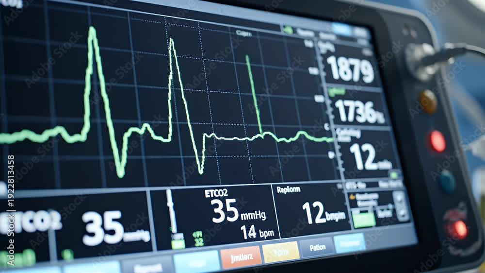 An ECG monitor displays waveforms and vital signs. A medical device for ...