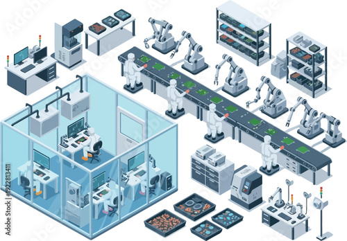Industrial robots working together on a production line in a modern manufacturing facility