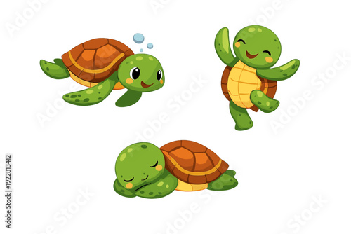 Three cute cartoon turtles are shown in different poses against a black background. One turtle is swimming with bubbles, another is dancing happily, and the third is sleeping peacefully.