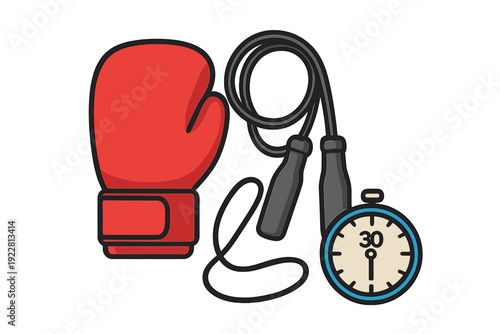 This illustration features a red boxing glove, a black jump rope, and a stopwatch against a dark background. It depicts essential gear for a high-intensity interval training workout.