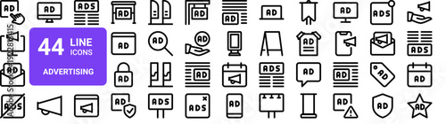Set of 44 thin line advertising icons. Ads, marketing, promotion, billboard, broadcast, banner web vector illustration in outline stroke style