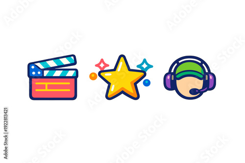 Three colorful flat icons representing cinema, stardom, and gaming or customer support are displayed horizontally on a solid black background. The set includes a clapperboard, a star, and a person