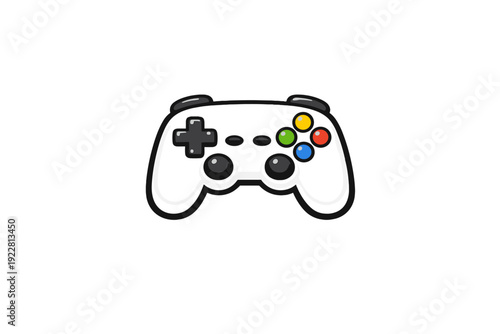 This digital illustration features a black game controller with a d-pad, analog sticks, and four colored buttons. The graphic is centered on a plain black background.
