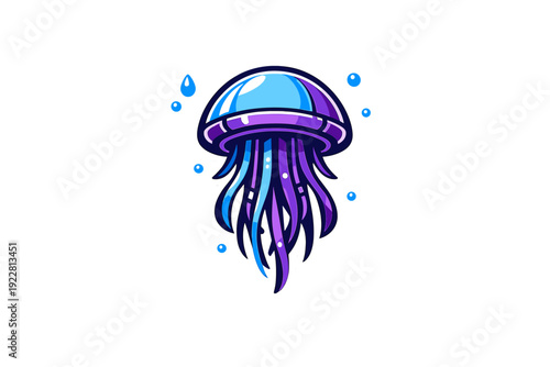 A stylized vector illustration of a blue and purple jellyfish with long tentacles and a white border, surrounded by small water droplets on a solid black background.