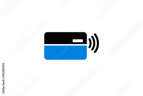 A minimalist graphic illustration of a credit card with a blue and black design, featuring a contactless payment symbol on the right side against a solid black background.