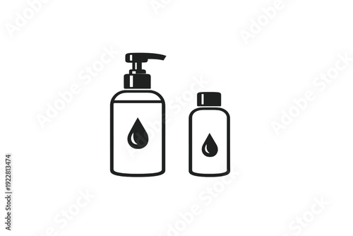 A black and white minimalist illustration featuring two bottles of liquid products, one with a pump dispenser and the other with a screw cap, both displaying a water drop icon.
