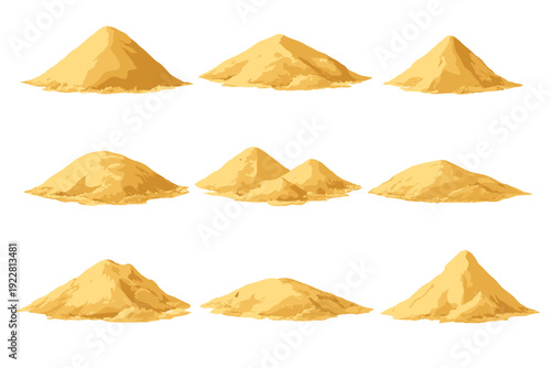 A collection of nine distinct piles of golden yellow sand or fine powder arranged in a grid pattern against a solid black background, showing various shapes and sizes of mounds.
