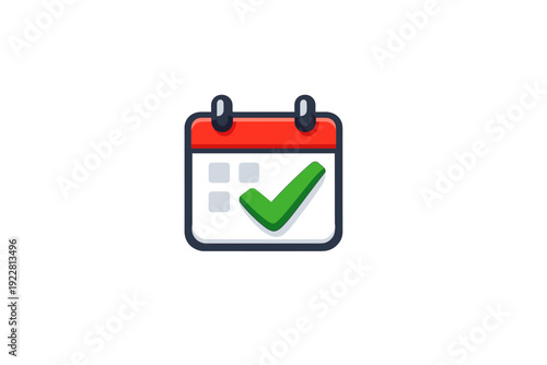 This vector illustration features a calendar icon with a red top and a prominent green checkmark, symbolizing a finished task, successful planning, or a confirmed date.