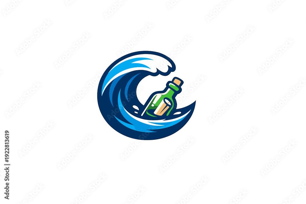 Naklejka premium A stylized vector illustration of a green glass bottle containing a rolled paper message, floating inside a large, curling blue ocean wave against a black background.