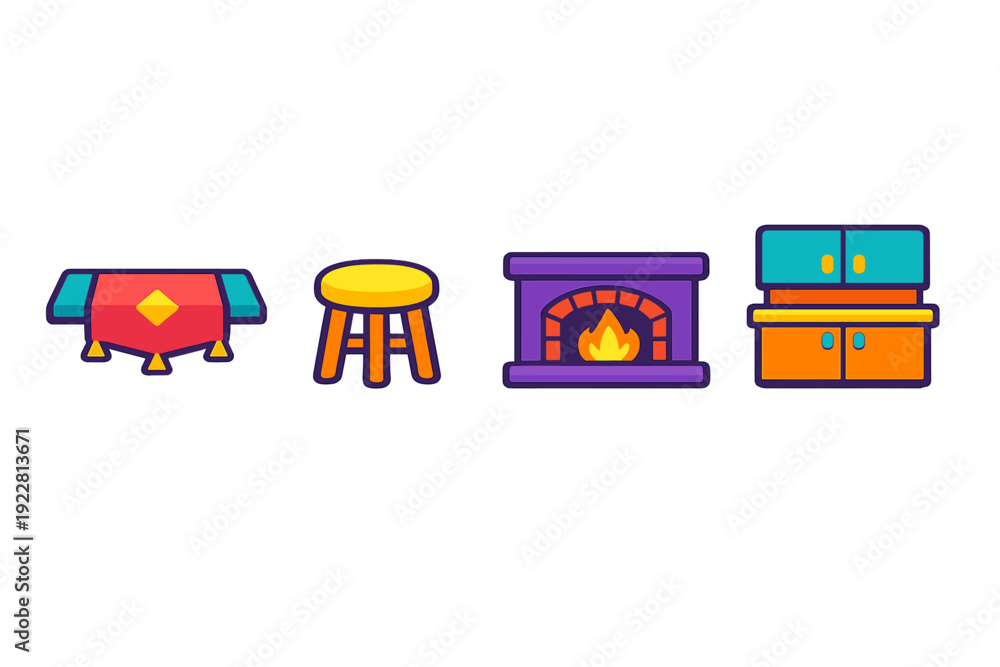 Fototapeta premium A set of four colorful flat vector icons representing home furniture including a table with a red runner, a wooden stool, a purple fireplace with a fire, and a kitchen cabinet.