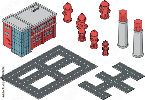 City infrastructure illustration featuring building, fire hydrants, and road layout from an aerial viewpoint