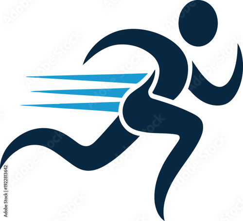 Dynamic navy blue sprinter silhouette with speed lines, athletic motion, flat design vector illustration