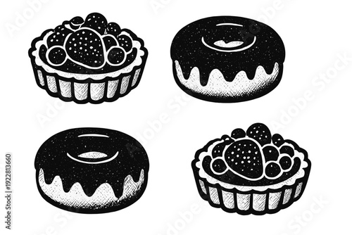 This graphic set includes four stylized illustrations of fruit tarts and chocolate glazed donuts. The black and white drawings feature a textured, hand-carved woodcut appearance.