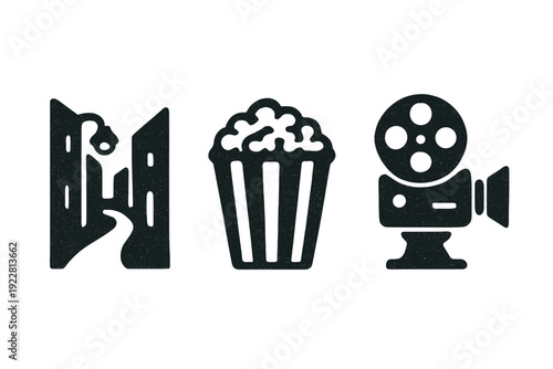 A set of three minimalist textured icons featuring a dark city alleyway with a streetlamp, a full bucket of popcorn, and a vintage film camera, all presented on a grainy black background.
