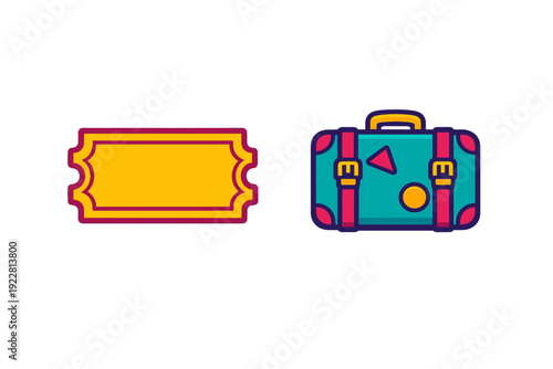 A flat illustration of a yellow ticket and a teal suitcase with red straps and yellow buckles, set against a black background. The icons represent travel and vacation themes.