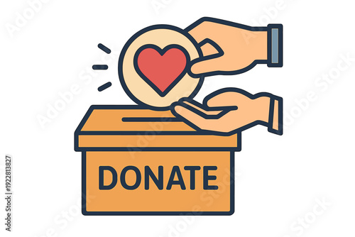 A flat vector illustration features a hand dropping a coin with a heart symbol into a donation box labeled donate, while another hand is positioned underneath the box.