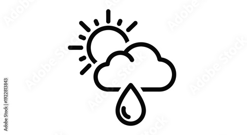 Simple black and white illustration of a sun partially obscured by a rainy cloud