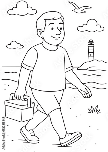 coloring book father walking with picnic box near lighthouse by the sea