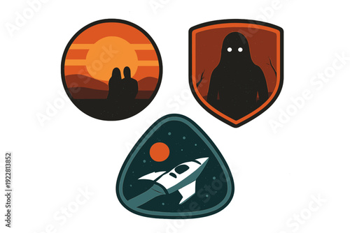 Three minimalist vintage patches including a couple at sunset, a dark forest monster silhouette, and a rocket ship flying past a planet in a starry sky on a black background.