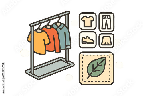 This illustration features a garment rack holding three shirts alongside icons for a t-shirt, pants, shoe, and skirt, plus a leaf emblem representing sustainable fashion concepts.