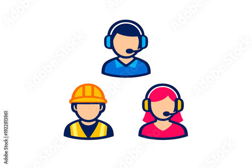 A set of three cartoon avatars featuring a male and female customer service representative with headsets and a male construction worker wearing a hard hat and vest.