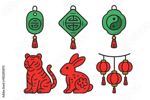 A collection of Lunar New Year illustrations featuring green jade talismans with tassels, a red tiger, a red rabbit, and hanging lanterns set against a black background.