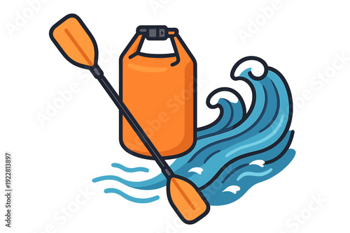 A flat vector illustration featuring an orange double-sided paddle, a waterproof dry bag, and stylized blue ocean waves, representing water sports and outdoor adventure activities.