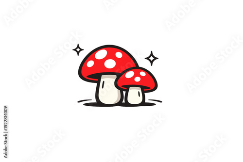 A minimalist vector illustration of two red mushrooms with white spots on a solid black background. The design features thick black outlines and small sparkle icons above the caps.