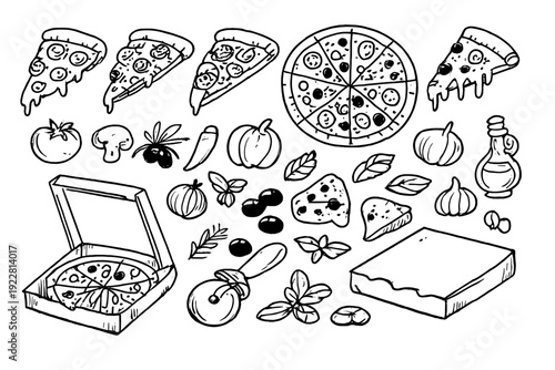 A collection of hand-drawn pizza illustrations and ingredients on a black background, including slices, a whole pizza, a pizza cutter, and various toppings like mushrooms and tomatoes.