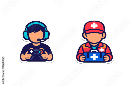 Two cartoon stickers featuring a gamer with a headset and controller next to a medical professional holding a first aid kit, both presented in a flat illustration style on black.