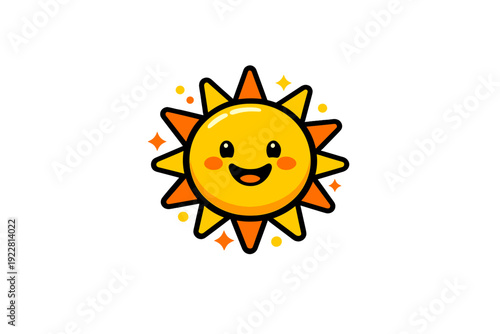 This vibrant illustration features a cheerful cartoon sun with a smiling face, rosy cheeks, and alternating yellow and orange rays on a dark black background.