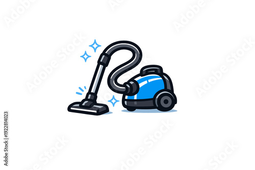 This cartoon illustration shows a blue canister vacuum cleaner with its hose and nozzle extended, surrounded by light blue sparkles on a dark background for a clean look.