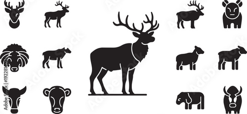 Wild Animal Silhouette Icon Set with Deer Stag Black Wildlife Vector Collection.