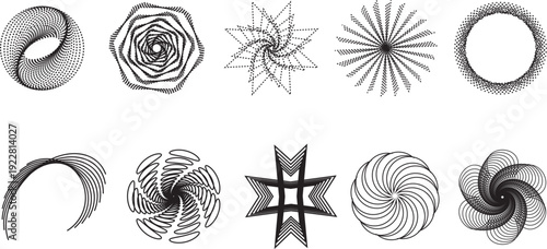 Abstract geometric line art collection with circular spirals, radial patterns, and technical guillotine ornaments for modern graphic design and branding.