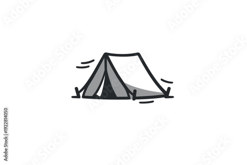A simple hand-drawn illustration of a grey camping tent with black outlines set against a solid black background. The minimalist doodle style depicts a classic outdoor shelter.