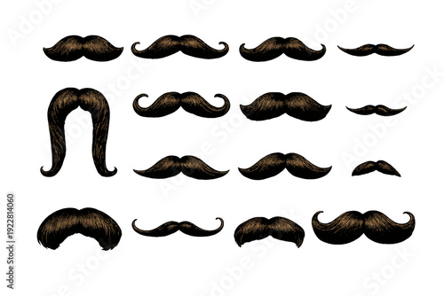 A collection of fifteen different brown mustache styles displayed on a solid black background. The set includes various shapes like handlebar, chevron, and horseshoe designs.