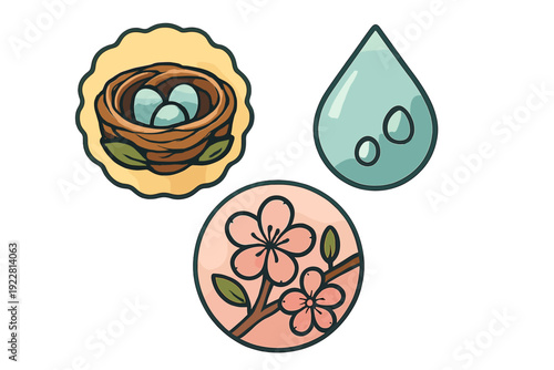 Three stylized spring icons including a bird nest with eggs, a water drop, and blooming cherry blossoms. The illustrations feature thick outlines and soft watercolor textures on black.