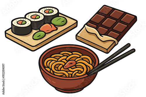 A minimalist illustration featuring a sushi set with maki rolls, ginger, and wasabi, a partially unwrapped chocolate bar, and a bowl of noodles with chopsticks on a black background.