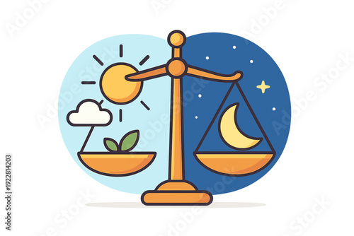 A cute cartoon illustration of a golden balance scale representing the spring equinox. One side features a sun and sprout, while the other side shows a crescent moon and stars.