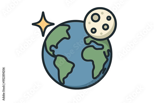 A flat illustration of planet Earth with green continents and blue oceans, accompanied by a cratered moon and a single yellow star against a solid black background.