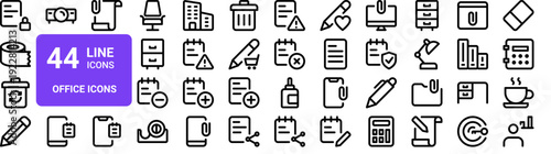 Set of 44 thin line office and workspace icons. Paper, duct tape, recycle bin, desk items. Vector illustration with editable stroke